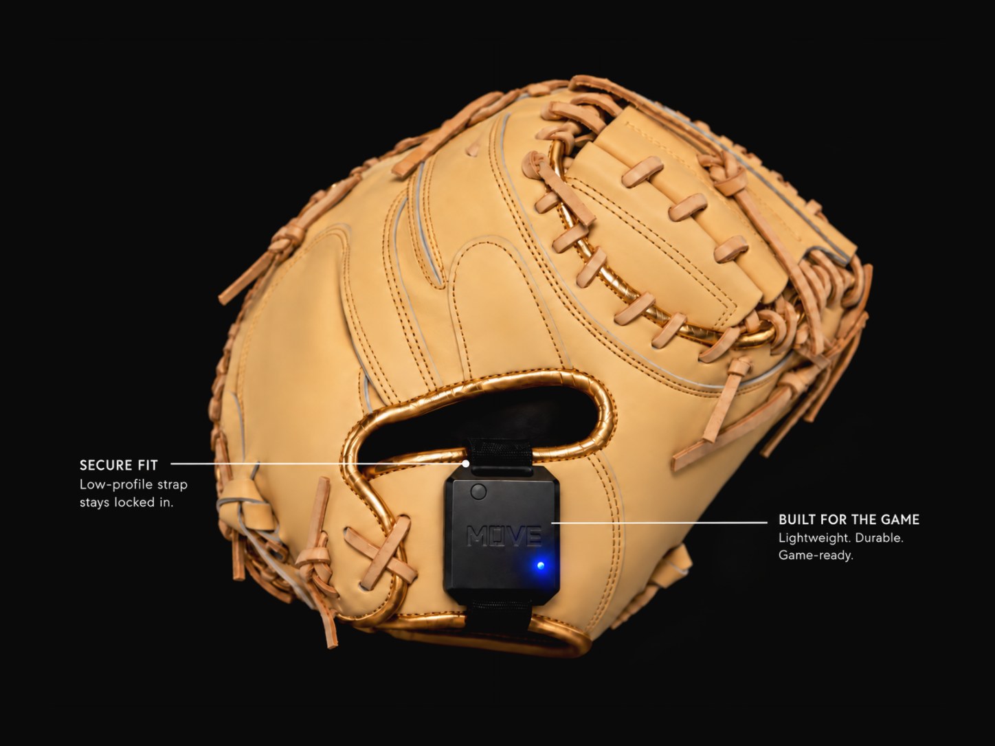 Catcher's mitt with the MOVE sensor on the wrist strap. Callouts: secure fit, precision sensor, built for the game.